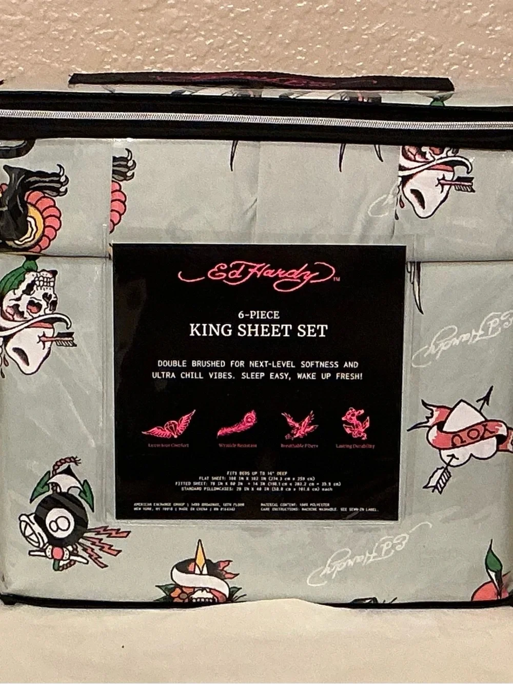 Ed Hardy Light Green 6 Piece King Size Sheet Set